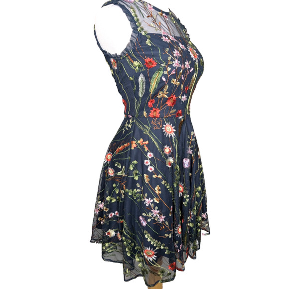 Morgan & Co Navy Lace Floral Embroidered Illusion Garden Fairy Short Formal Gown - Picture 5 of 16